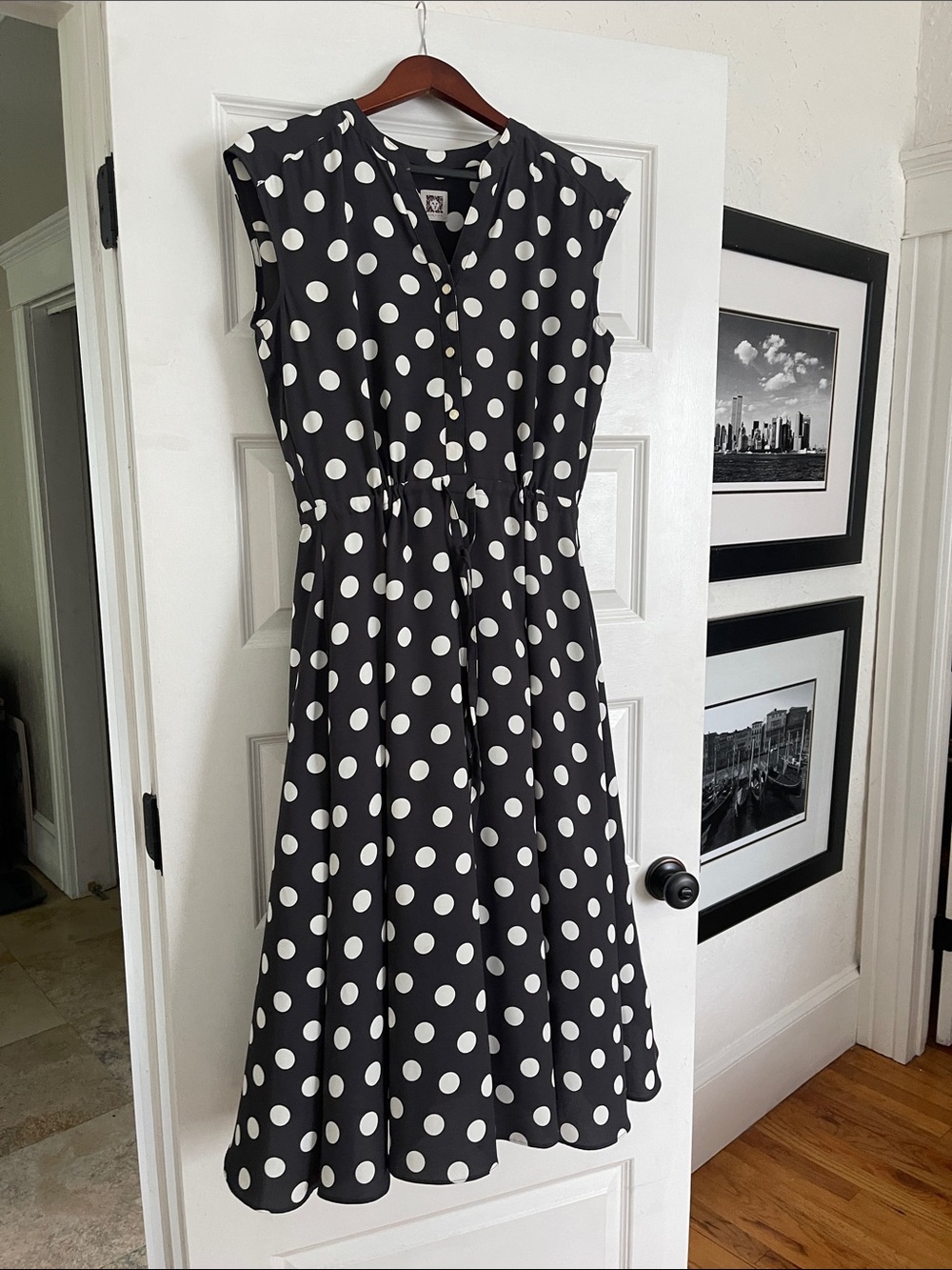 Dark gray and White Polka Dot Sleeveless Midi Dress drawstring  size 6 Ann Klein